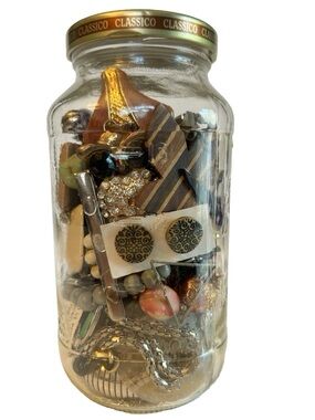 Mystery Jewelry Jar Lot Necklaces Bracelets Earrings Brooches Beaded Gold Tone